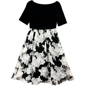 Adrianna Papell Black White Floral Print Organza Skirt Jersey Fit & Flare Size 6